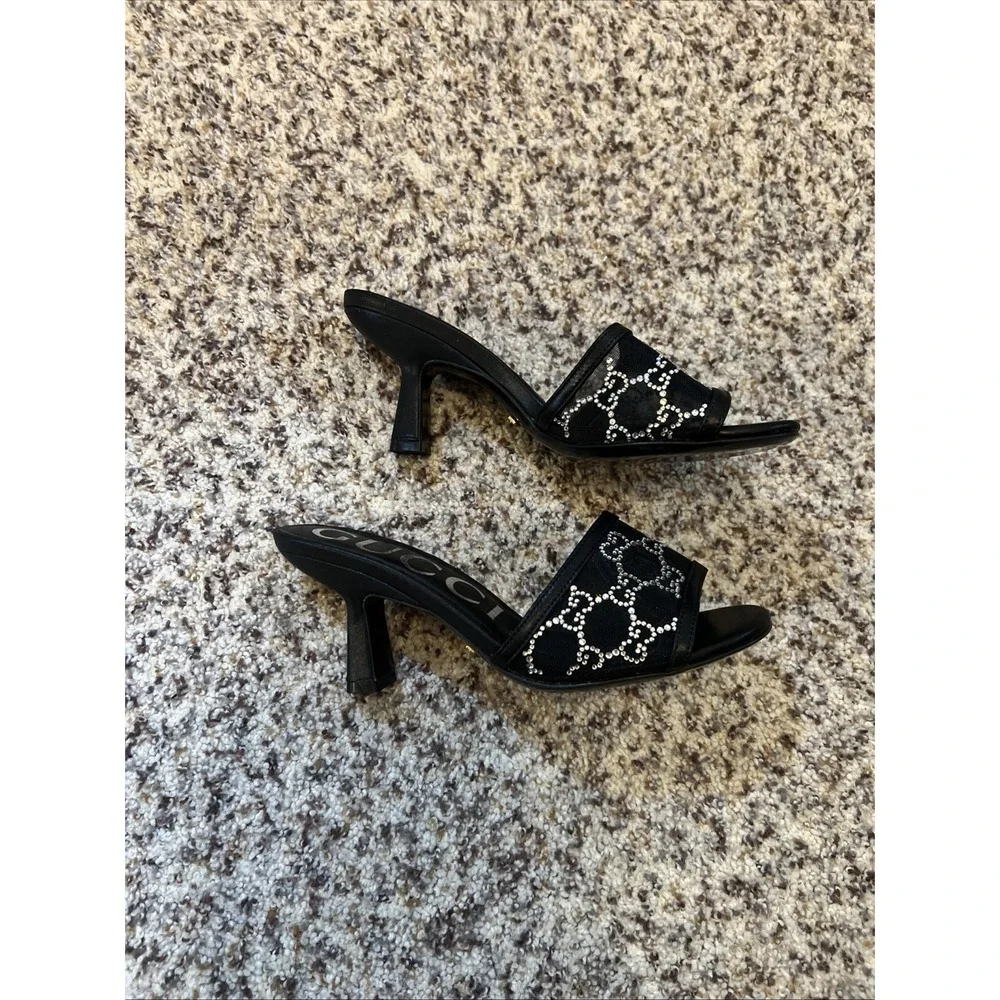 Black Gucci New  Mules Sz 38 EU Women's Mesh GG Crystals Embellished 3" Heels - Picture 3 of 6